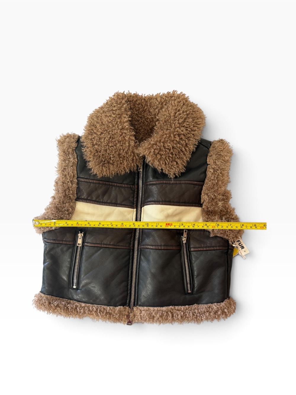 Brown Faux Shearling Trim Zip Vest with Cream Stripe - Picture 3 of 7